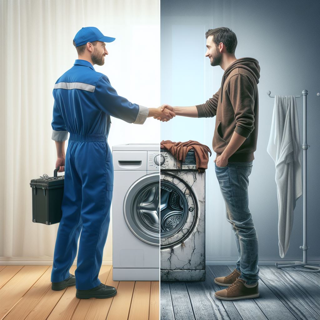 Technik si podává ruku se zákazníkem u pračky